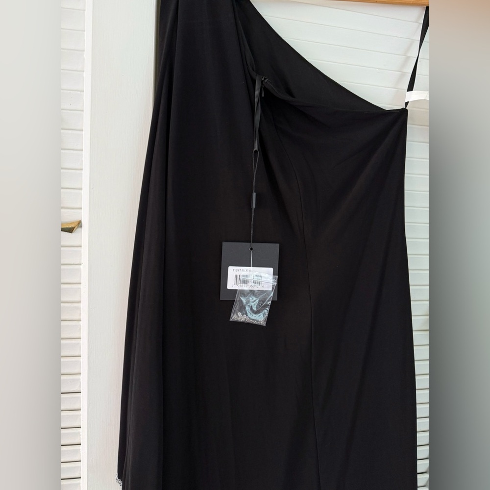 Mac Duggal | 11247 Black One Shoulder Asymmetrical Hem Flowy Dress New 4 Holiday - Picture 12 of 16